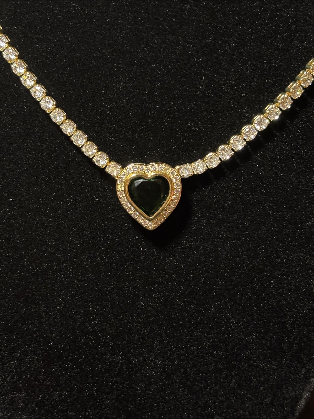 3.2mm Yellow Gold Emerald Green Heart Halo CZ Tennis Necklace 19in. - Picture 15 of 16